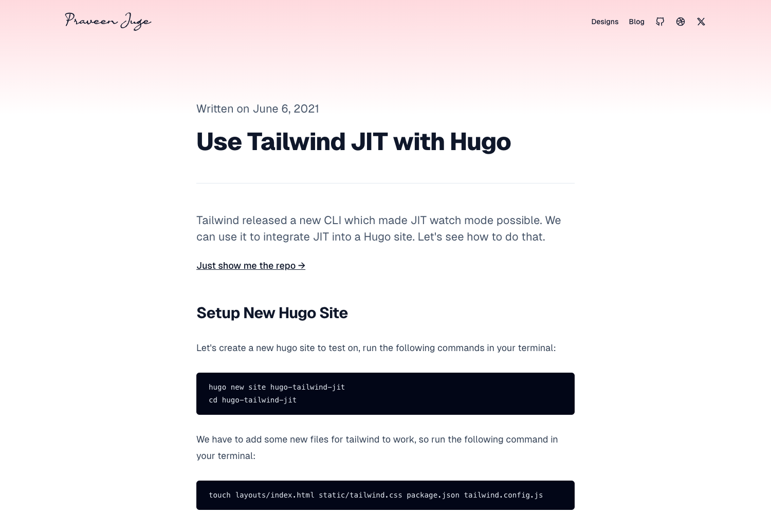 Screenshot of Hugo Tailwind Jit
