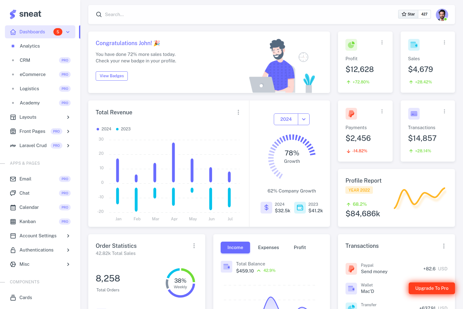 Screenshot of Sneat Dashboard FREE – Laravel